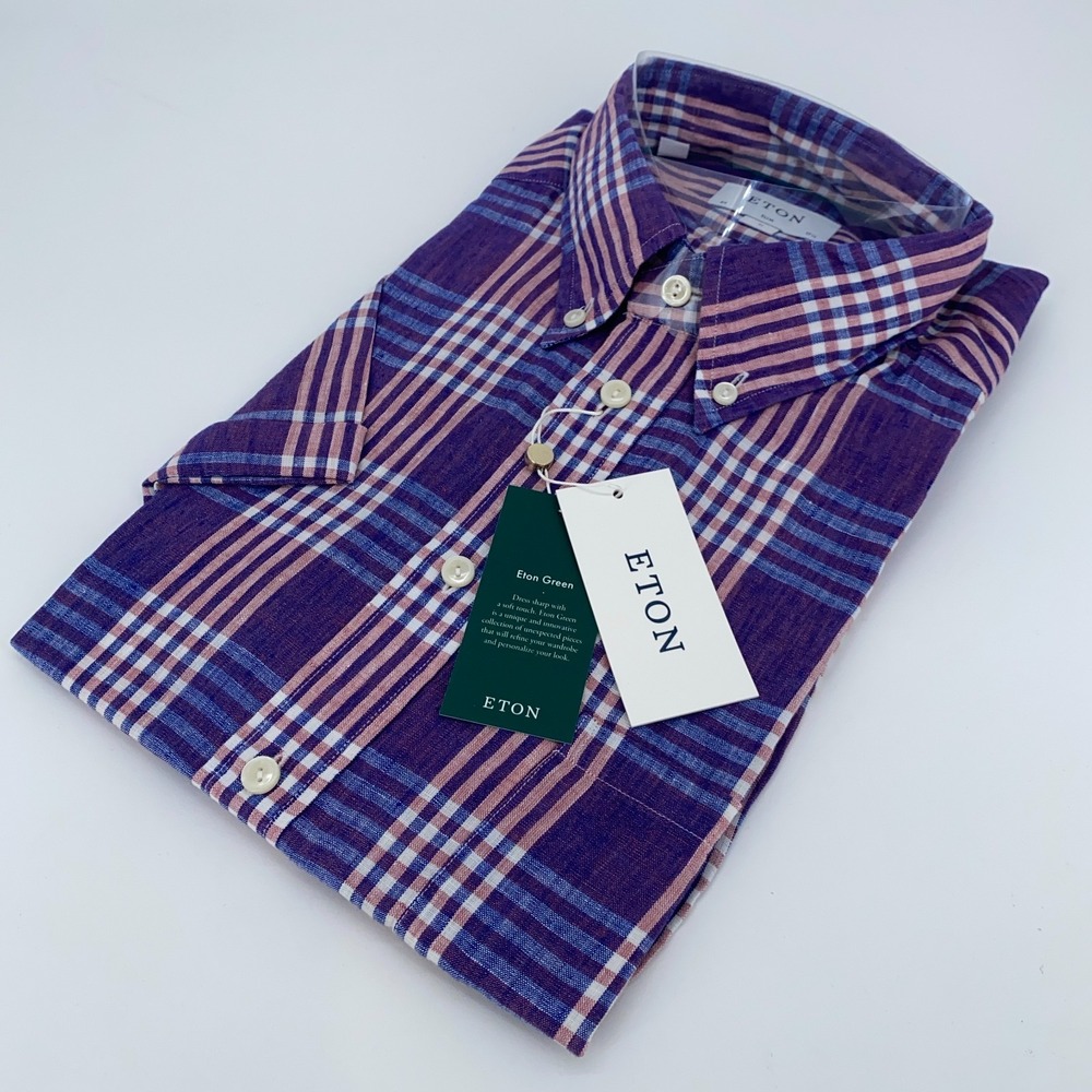 Eton‎ Dress Shirt Mens XL 17 1/2 - 44 Colorful Plaid Linen Slim Fit Button Down